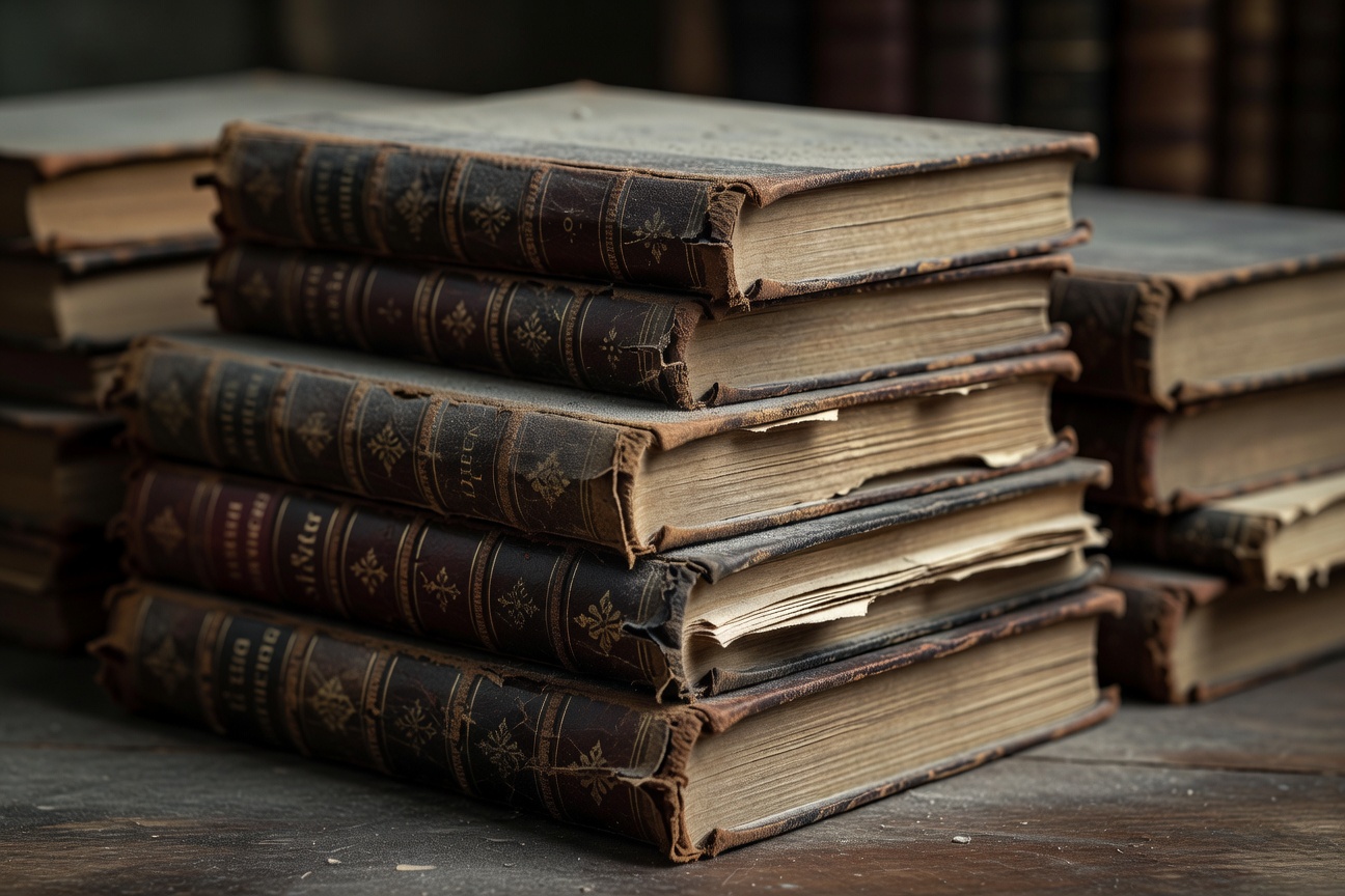 Close up of ancient stacked books